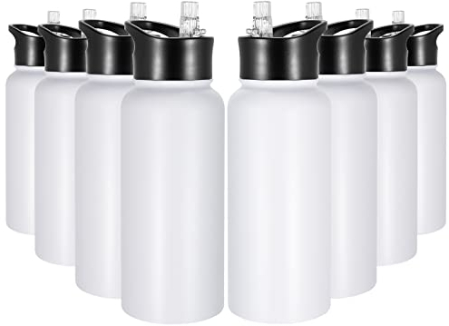 VQRRCKI 32 oz Stainless Steel Insulated Bulk Water Bottles with 2 Lids, BPA Free Reusable Metal Sports Water Bottles Set for Gym Travel Running Hiking Women Men, White 8 Pack