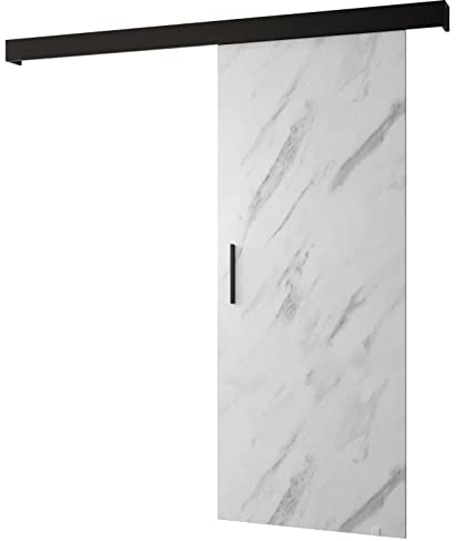 KRYSPOL Schiebetürsystem Salwador 1 Komplett-Set für Schiebetüren, Trennwände Innentüren, Modern Design (Weißer Marmor/Gitter: schwarz matt/Griff: schwarz)