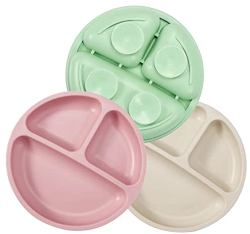 PandaEar Platos de silicona para bebé antideslizantes para niños con ventosas – Platos de bebé estables divididos – sin BPA – Paquete de 3 – Apto para lavavajillas y microondas (Rosa/Verde/Bronceado)
