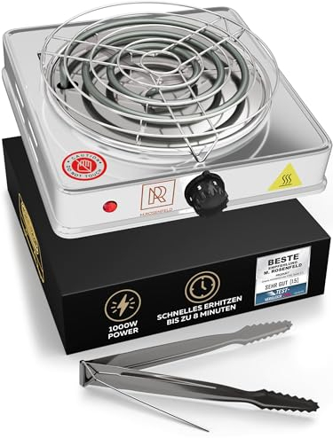 M. ROSENFELD Shisha Kohleanzünder für Shisha Kohle - Elektrischer Kohleanzünder BLACK HEAT 1000W + Shisha Zubehör Set Edelstahl Kohle Gitter & Shisha Zange Kohlegrill Shisha 150cm Kabel (Silber)