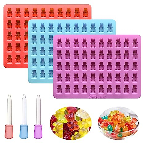 Divono 3 Stück Gummibärchen Formen Silikon-Schokoladenformen Süßigkeiten-Silikonformen,Klein Gießform Gummibärchen Pralinenformen Fruchtgummi Form mit 3 Dropper für Süßigkeiten,Schokolade,Gelee