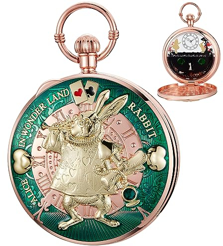 Tiong Alice im Wunderland Taschenuhr Spieluhr Spieluhr mit Handkurbel Musik Uhr mit Kette Geburtstag Abschluss Geschenke, 45, Grün, Klassisch