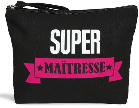 Cadeau Maîtresse Trousse Toile Super Maîtresse Noire Double-Face avec Enveloppe Kraft pour Enseignants - Cadeau de Fin d'année Scolaire Maternelle Cadeau Maîtresse Noël (Noir)