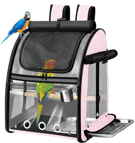 SUERTREE Vogeltragetasche mit unzerstörbarem Edelstahlnetz, Vogelreisekäfig mit Ständer, leicht zu reinigender Rucksack für Papagei, tragbare Vogelreisetasche, Haustier-atmungsaktiver Reisekäfig, Rosa