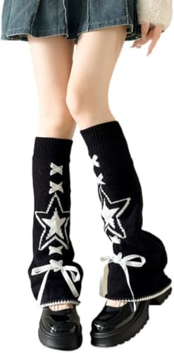 Y2K Leg Warmers for Women - Cute Bow Ribbon Star Patterned Bell-Bottom Knitted Sock Covers Stylish Spicy Girls Leg Accessories Trendy Y2K Aesthetic Kawaii Streetwear (Black+white)