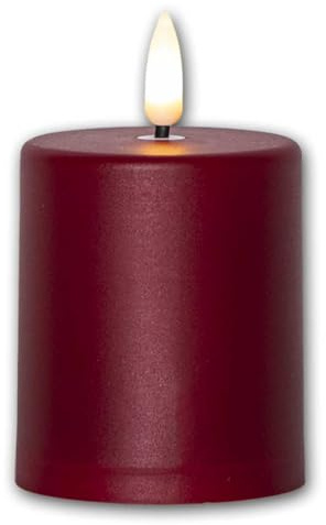LED Außen-Kerze PAULA, Gedenkkerze aus rotem Kunststoff, Leuchtfarbe warmweiß, Höhe 10cm, Durchmesser 6,1cm, Timer & Dämmerungssensor, 4 Stück