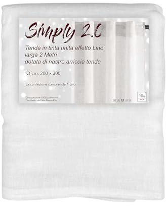 Tenda Simply 2.0 Bianco Effetto Lino - 200x300 cm - con Fettuccia per Bastone o Binario - Tinta Unita Naturale