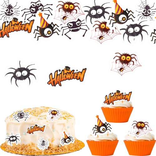 ENLACE Spinne Cupcake Topper Halloween Tortendeko Essbar, 48 Stück Essbare Kuchen Deko Halloween Muffin Deko 6 Stile, Esspapier Spinne Tortendeko Kindergeburtstag,Kuchendeko Halloweenparty Horrorparty