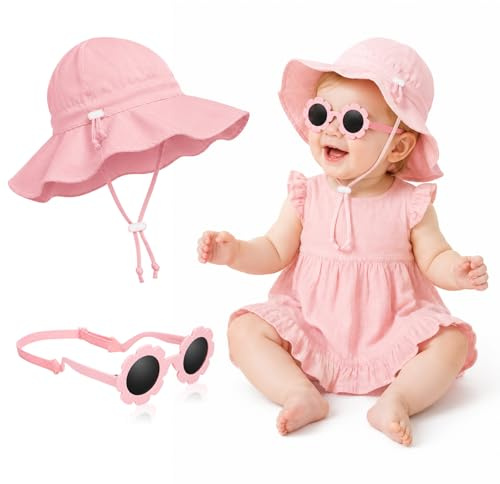 BTHRORO Bébé Chapeau de Soleil Fille Lunettes de Soleil, Chapeau de Plage Pliable avec Protection UV Polarisée Élastique Réglable Lunettes de Soleils pour Enfants
