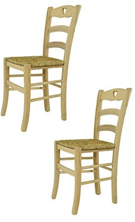 Tommychairs - Set 2 chaises Cuore pour Cuisine, Bar et Salle à Manger, Robuste Structure en Bois de hêtre Poli, Non traité, 100% Naturel et Assise en Paille