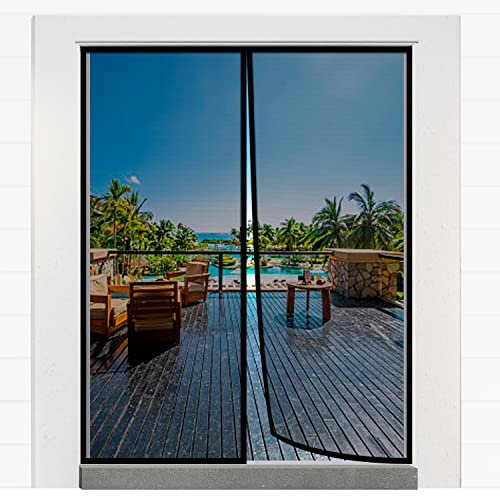 Moustiquaire à fermeture magnétique pour porte coulissante de 157,5 x 205,7 cm, adaptée aux animaux domestiques et aux chiens, double porte en maille de fibre de verre durable, rétractable, protège