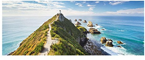Glasbild Nugget Point Leuchtturm und Meer Neuseeland Panorama Quer, 50cm x 125cm