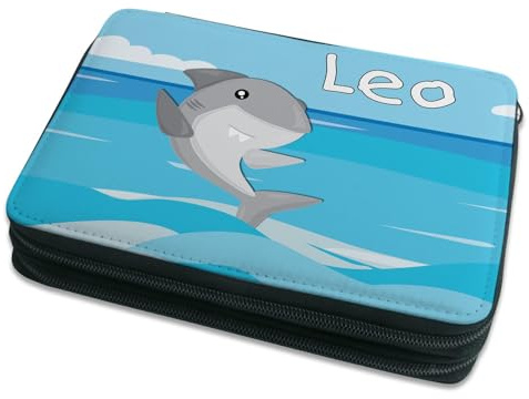 CreaDesign Kinder Federmäppchen mit (Wunsch) Namen, einzigartige Federtasche durch Personalisierung, Schulmäppchen - Motiv Hai