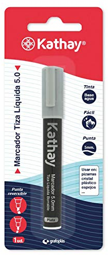 Kathay 86212675. Marcador Tiza Líquida, Borrable, Plata, Punta 5mm, Tinta Base Agua, Punta Reversible, Perfecto para Pizarras, Cristal, Plásticos o Espejos