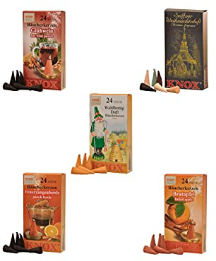 KNOX Räucherkerzen Seiffner Weihnachtsmark - 5er Set - Seiffner Mischung, Glühwein, Feuerzangbowle, Bratapfel & Waldhonig - Größe: M - 120 Stück - Made in Germany