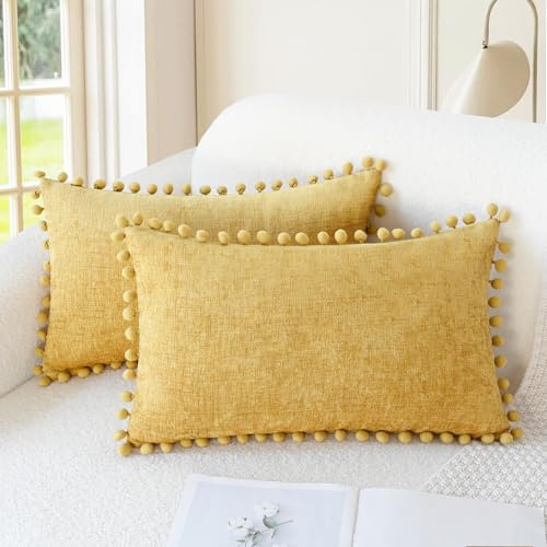 CaliTime Pillow Cases Pack of 2 Cozy Solid Dyed Soft Chenille Cushion Covers with Pom Poms for Couch Sofa Home Decoration 30cm x 50cm Gold