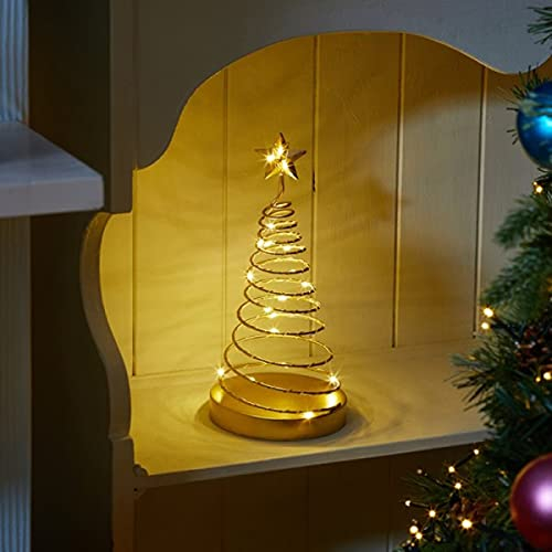 Marco Paul Christmas Gold Tree Ornament Indoor LED Festive Décor Spiral Pre-Lit Xmas Tree Decoration Battery Operated Table Centrepiece Light Up Tree
