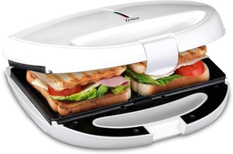 Trisa Tasty Snack 3-in-1 Sandwichmaker Waffeleisen Grill 850W Antihaft Weiß | 850W, 3 Wechselplatten (Sandwich/Waffel/Grill), Antihaft, Cool-Touch, LED-Backampel, vertikale Lagerung, Weiß
