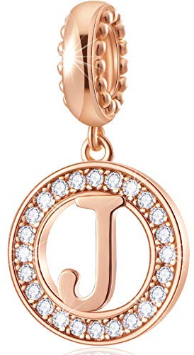 CHAWIN Initial J Letter Charm, Alphabet Rose Gold, 925 Sterling Silver Fit Pandora Bracelets, Necklace, Circle Dangle Gift for Women, Girls, Sparkling Clear Stones