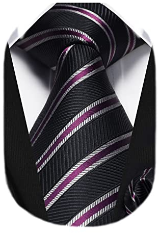 HISDERN Herren Krawatte Gestreifte Hochzeit Krawatte & Einstecktuch Set Schwarz/Lila