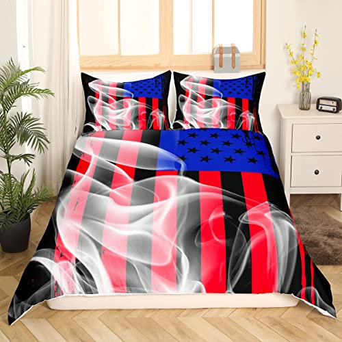 Bettbezug mit US Flagge amerikanische Flagge Bettwäsche Set für Teenager Jungen USA Nationalflagge Bettbezug Retro Sternenbanner Bett Sets 4. Juli Unabhängigkeitstag Thema 155 x 220 cm, Rot Blau