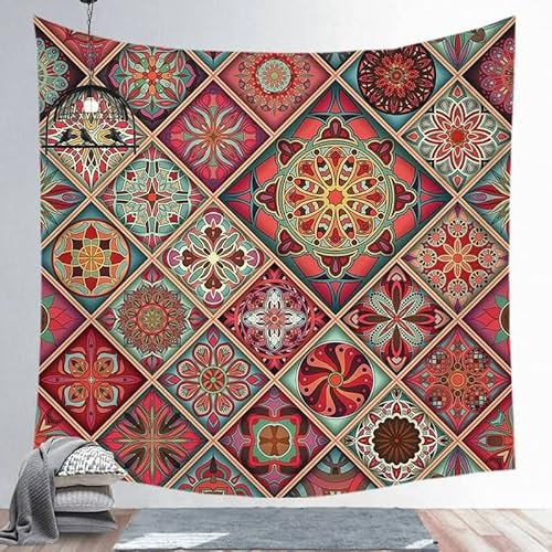 EHOMERY Wandbehang Abstrakt Wandschmuck Outdoor Rot Boho-Mandala Wandteppich XXXL Wandtuch Art Wandbehang Deko Wandschmuck Groß Schlafzimmer Wohnzimmer Wanddekoration 95X73Cm