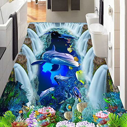 Personnalisé 3D Plancher Mural Papier Peint Cascade Monde Sous-Marin Dauphin 3D Salle De Bains Passerelle Carreaux De Sol Autocollant Décor , 150cmX105cm