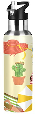 KAAVIYO Kakteen Sonnenstrand Trinkflasche Wasserflasche mit Strohhalm 600ML Edelstahl Auslaufsicher Wasserkanne Water Bottle