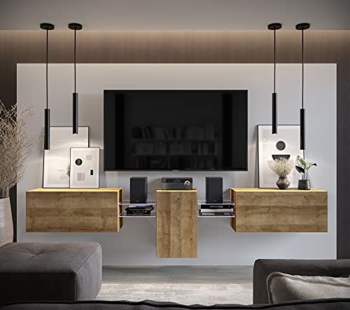 Furnitech Wohnwand Wohnzimmer | Wohnzimmer Möbel mit LED RGB - 16 Farben | Hängend Wohnwand Modern | Wohnzimmer Schrankwand mit Regale und TV Schrank (AN98-21DZ-M6-1C)