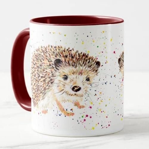 Vixar Taza con diseño de erizo británico de vida silvestre pintada a mano con acuarela, taza de regalo de cumpleaños, trabajo, oficina, Navidad, té, café (granate)