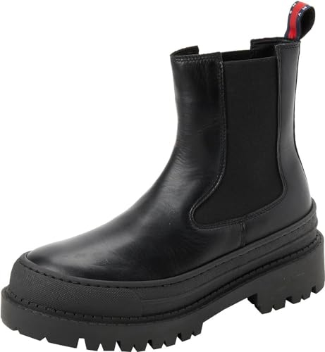 Tommy Jeans Stivali Mezza Gamba Donna Chelsea Foxing in Pelle, Nero (Black), 38 EU