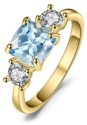JewelryPalace Kissenschliff 2ct Echt Natur Blau Topas Zirkonia Ring Damen, Drei Stein Schmuck Set, Verlobungsring Silber Ringe 925 Frauen, Ring Promise Hochzeitstag Schmuck Mädchen Rosegold Gold