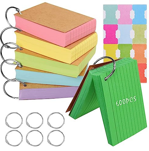 Vakki 600PCS Flash Cards, A7 Revision Cards, Flashcards with 6 Binder Rings and Index Cards Tabs, Ruled Flash Cards Revision, Spiral Record Cards and Cue Cards, Flashcards for Revision Study Record