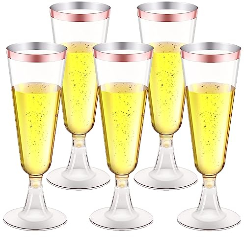 LATERN 50Pcs Rose Gold Rimmed Champagne Flutes, 150ml Reusable Plastic Champagne Glasses Stemmed Party Wine Cups for Garden Wedding Anniversary Shower Parties (5.5 x 16.5cm)