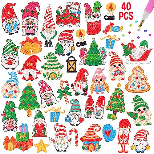 MEIEST 40 PCS Christmas Diamond Painting Stickers Kit,Diamond Art Mosaic Sticker by Numbers Crafts Set for Kids,Creative Handmade Art Craft Gift