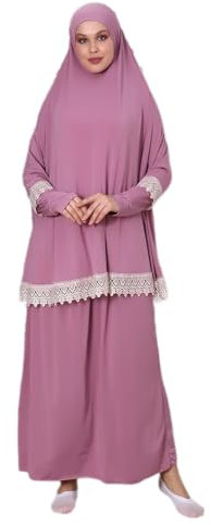 ihvan online Muslimische Kleider für Damen, zweiteiliges langärmeliges islamisches Gebetskleid, Hijab, rosa gemustert, Einheitsgröße