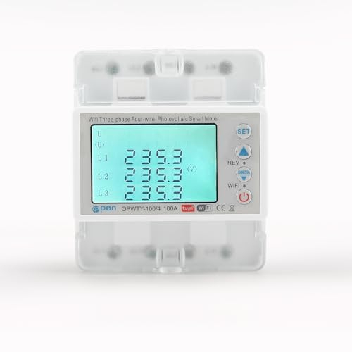 Stromverbrauchsmesser - 1/3 Phasen Stromzähler Hutschiene - Strommessgerät - Drehstromzähler - 100A kWh, Impulszähler & beleuchtetes LCD-Display