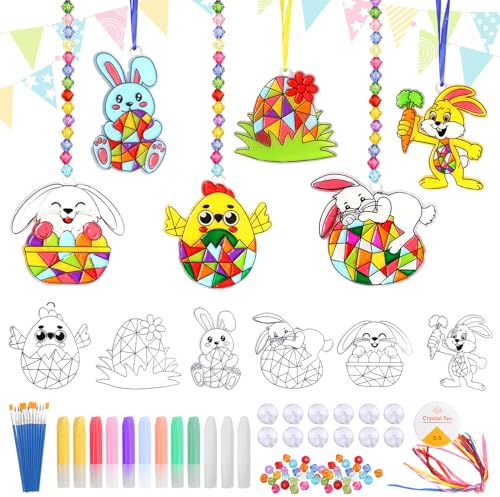 LOHAME 12 Stück Ostern Bastelset Kinder Ostern Basteln zum Bemalen Osternhase Küken Osterneier Sonnenfänger Osterbastelset Osterdeko Kreativ Handwerk Ostergeschenk für Mädchen Jungen Ostern Frühling