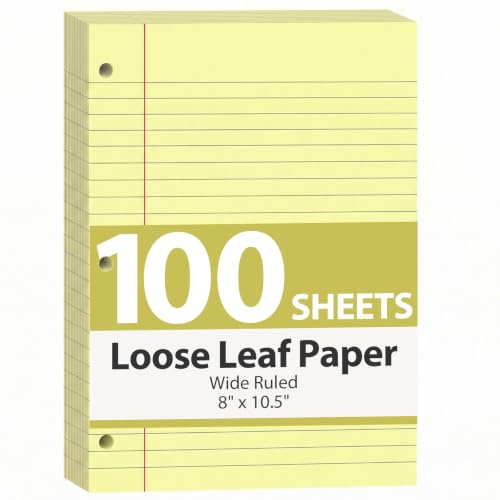 HIBOX Loseblatt-Papier, breit liniert, 100 Blatt, 20,3 x 26,7 cm, 3-Locher, Gelb