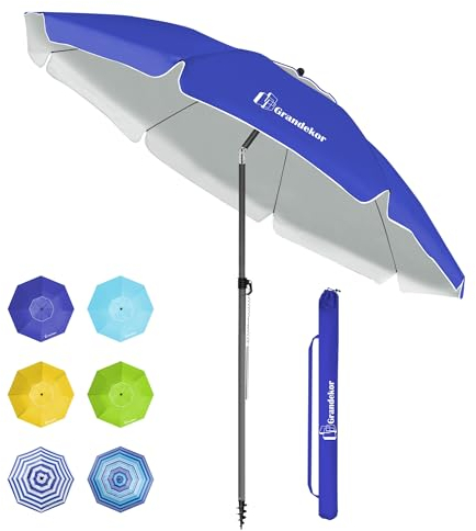 Grandekor Parasol de plage, parasol de jardin exterieur | UV50+ | Ombrelle réglable en hauteur et inclinaison | Avec ancre de plage de 12cm, Pour plage, balcon & terrasse, 200cm, Bleu