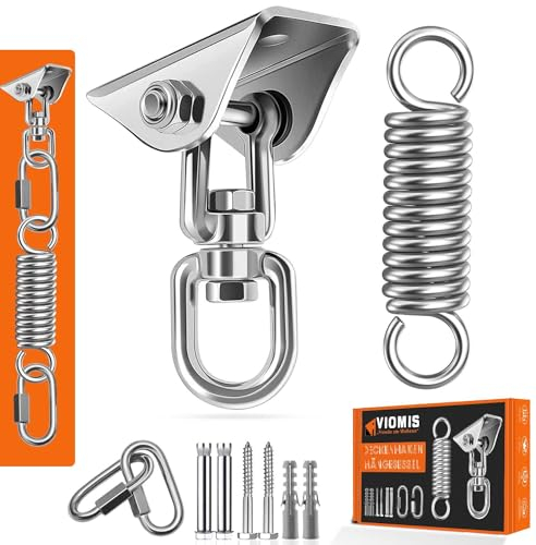 Viomis Deckenhaken Komplettset: 360° Drehbare Deckenhalterung & Schwingfeder für Hängesessel, Boxsack - Bis 450kg - Rostfrei, für Innen- & Außenbereich