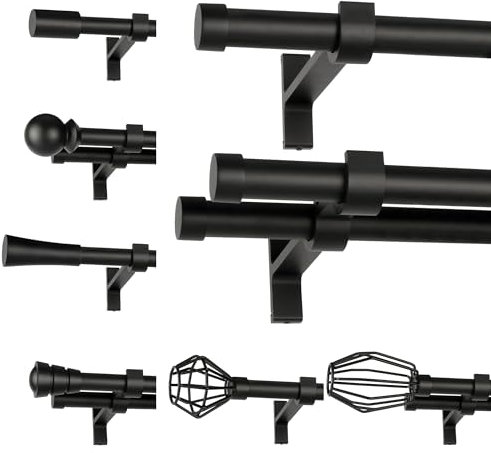 ROLLMAXXX Gardinenstange 200 cm breit - 19 mm Durschmesser - 1-Läufig - Schwarz Matt - inkl. Wandhalterungen, Endstücken und Montagematerial im Diamond Design