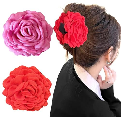 ASOMI 2 pinzas grandes para el pelo con rosa hawaiana florales para mujeres y niñas, pinzas para garras con rosa de flor antideslizante (rosa roja, roja)
