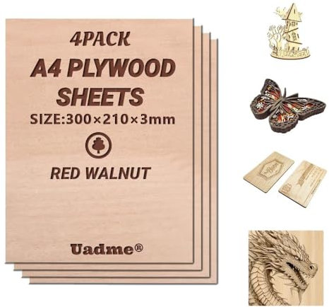 Uadme Madera Contrachapada 3mm, 4 Piezas Tablero de Madera a Medida A4 30x21cm, Laser Engraving Blanks, para Bricolaje, Pirograbado Corte por Laser CNC Router Modelado (Nogal Rojo)