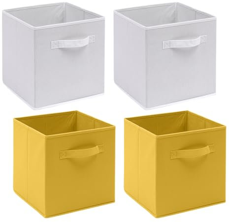 Homullel Foldable Storage Cube Boxes Set of 4, Storage Unit Box with Handle/Eyelet, Collapsible Storage Bins Organiser for Shelf Closet Organization (With Handle, White+Yellow)