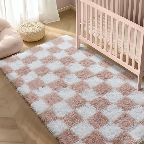 HUGEAR Teppich Kariert Hochflor Wohnzimmer 120X180cm Rosa Teppiche Schlafzimmer Rutschfester Kinderteppich Flauschig Weicher und GemüTlicher Carpet Living Room Kinder TeppichMädchen Jun