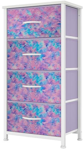 YITAHOME Kommode,Kommode mit 4 Schubladen,Schrank,Stoffschubladen mit Griffen,Metallgestell,Dauerhaft,Purpurdruck