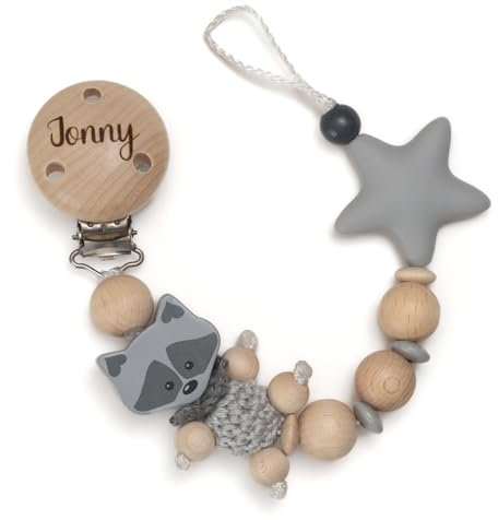 Baby-Namenskette mit Gravur – Personalisierbar – Individuelles Geschenk für Jungen & Mädchen – Viele Farben (Waschbaer, Silikonstern, hellgrau, natur)
