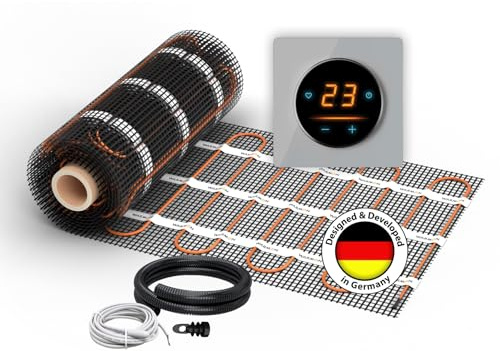 Elektrische Fußbodenheizung: Zweiader-Heizmatte WARMON ULTRA 200 W/m² mit WiFi-Thermostat OKE-25 Touch und schwarzem Garda Glass-Abdeckrahmen, Thermostat:OKE25 Garda Grau, Mattengröße:12 m²