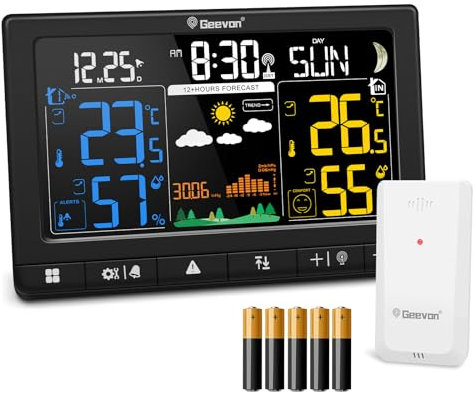 Geevon Wetterstation Funk mit Außensensor, DCF-Funkuhr, Großes LCD 350° Ablesewinkel für Innen und Außentemperatur, Luftfeuchtigkeit, barometrischer, Mondphase, Wettervorhersage (246304 mit batterien)